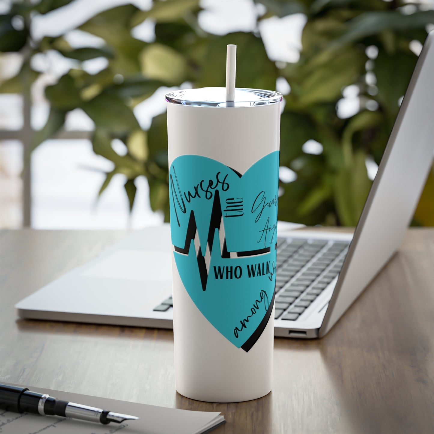 Nurses are Guardian Angels Skinny Steel Tumbler with Straw, 20oz