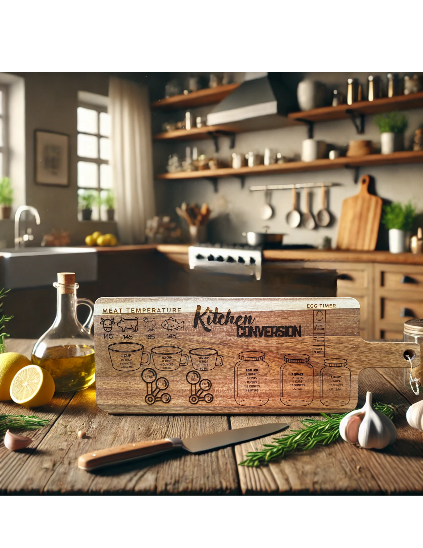 Rustic Wooden Kitchen Conversion Cutting Board – Engraved Measurement Chart for Cooking & Baking | Personalized Gift for Chefs & Home Cooks!