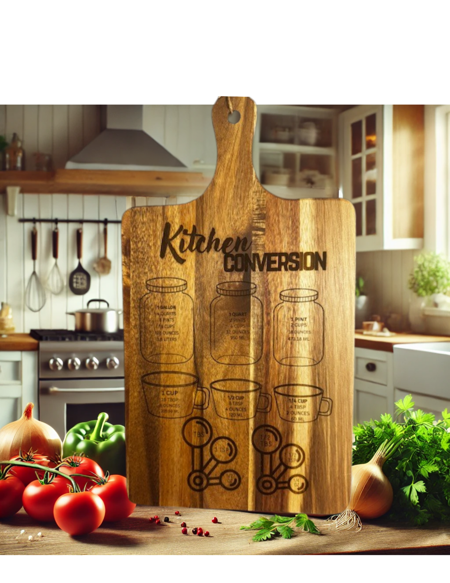 Rustic Wooden Kitchen Conversion Cutting Board – Engraved Measurement Chart for Cooking & Baking | Personalized Gift for Chefs & Home Cooks!