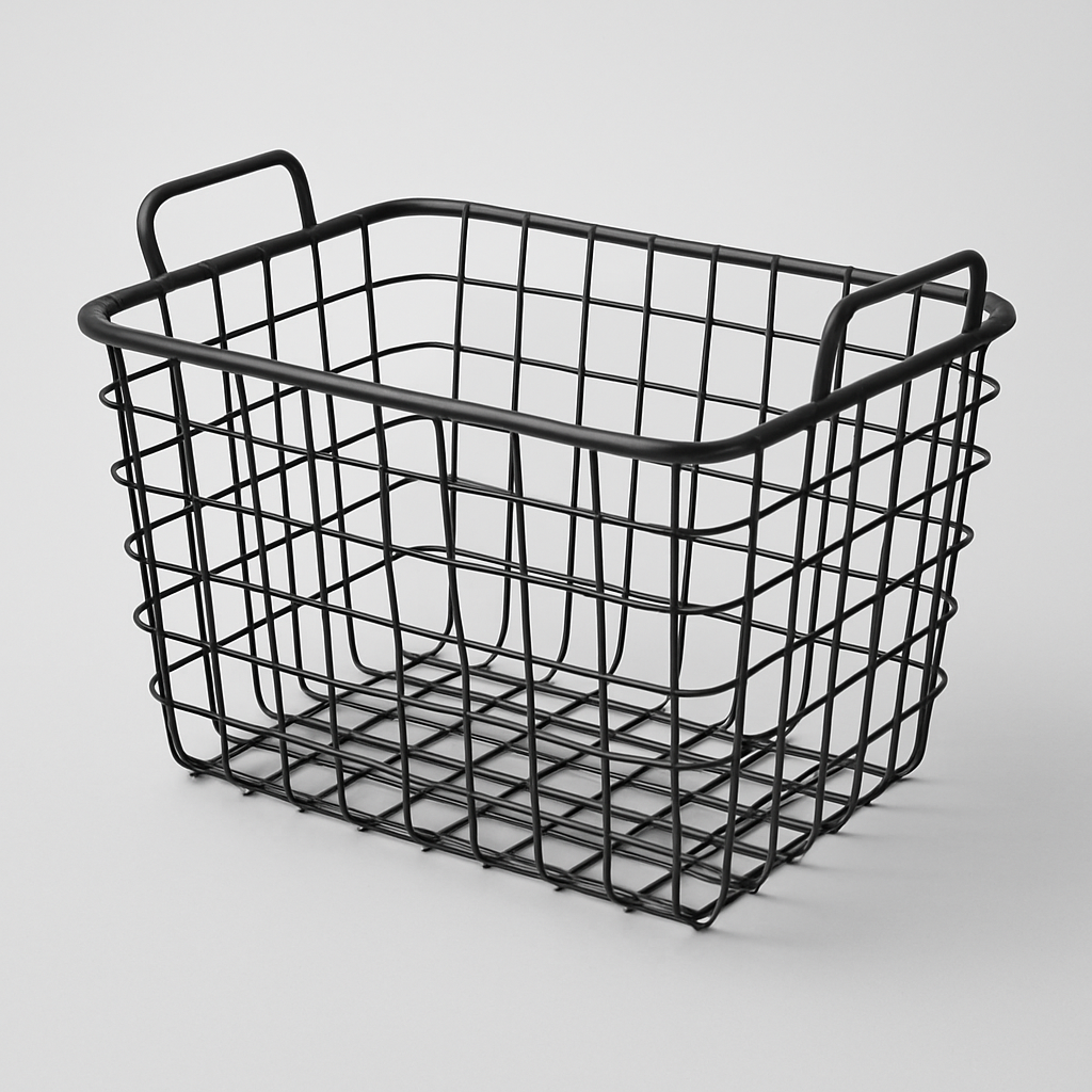 Black wire storage basket on a light gray background