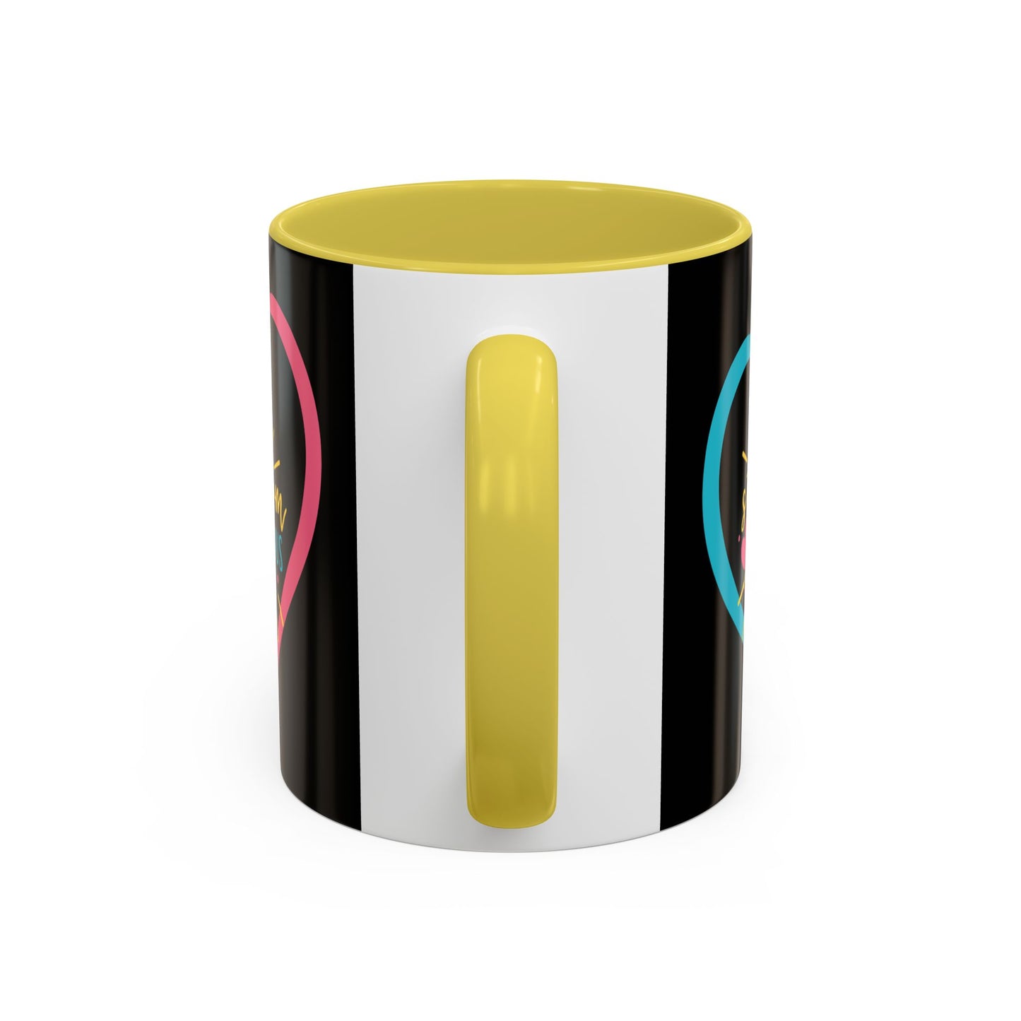 Back view of a ceramic mug featuring a sunny yellow handle and interior, white center panel, and partial heart graphics on each side – complements the cheerful “Not a Stepmom, a Bonus Mom” design for stepmothers.