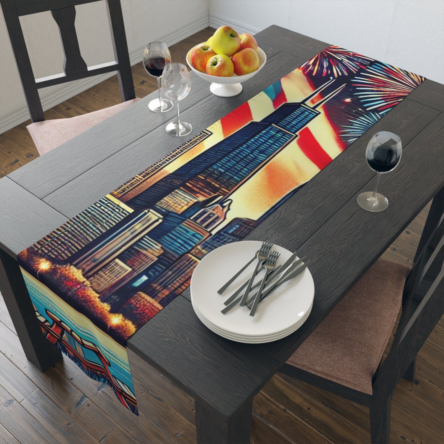A Chicago-themed table runner displayed on a dark wood dining table, featuring the iconic Willis Tower rising above the city skyline. The design includes a waving American flag and colorful fireworks in the background, with a lakefront picnic scene at the table’s edge. Perfect for Fourth of July celebrations, Chicago events, or city-inspired home décor.