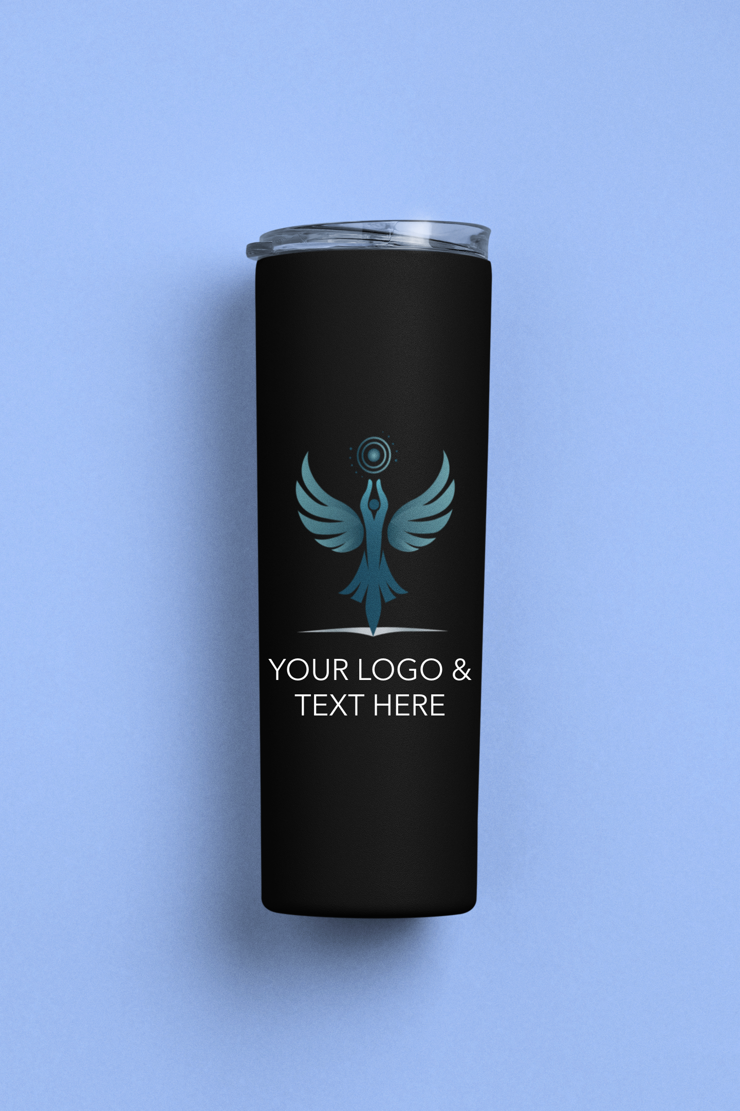 Black personalized tumbler featuring a blue logo design and customizable text, displayed on a light blue background – ideal for branded corporate gifts or promotional drinkware.