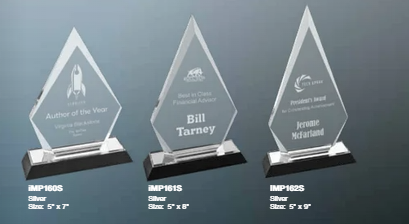 Three silver crystal awards with black bases, showcasing custom engravings for achievements such as Author of the Year, Financial Advisor Excellence, and Presidentβs Award, available in 5" x 7", 5" x 8", and 5" x 9" sizes.