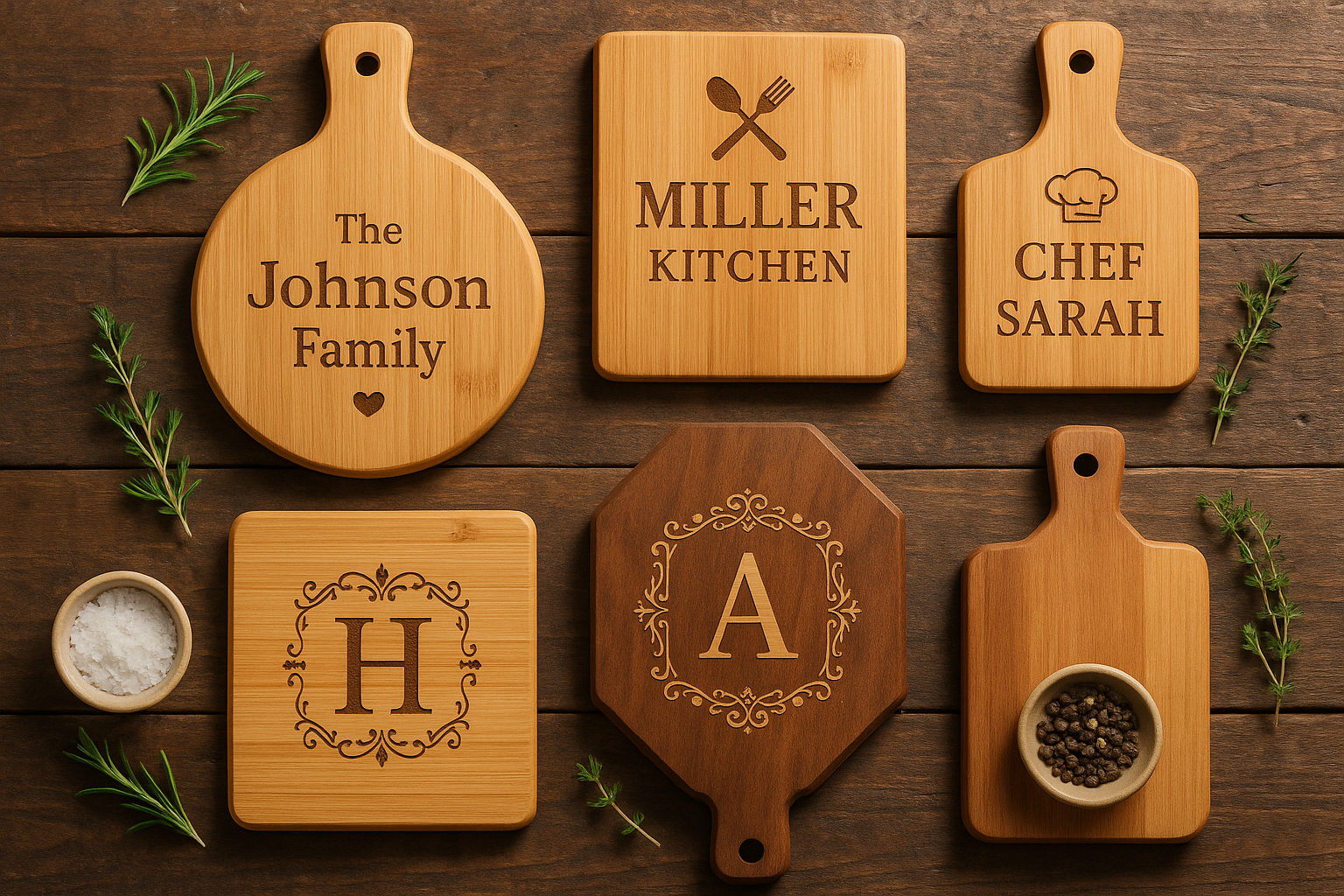Assortment of personalized mini cutting boards featuring engraved names, initials, and kitchen-themed designs. Boards are arranged on a wooden surface with herbs and spices for a rustic kitchen presentation.