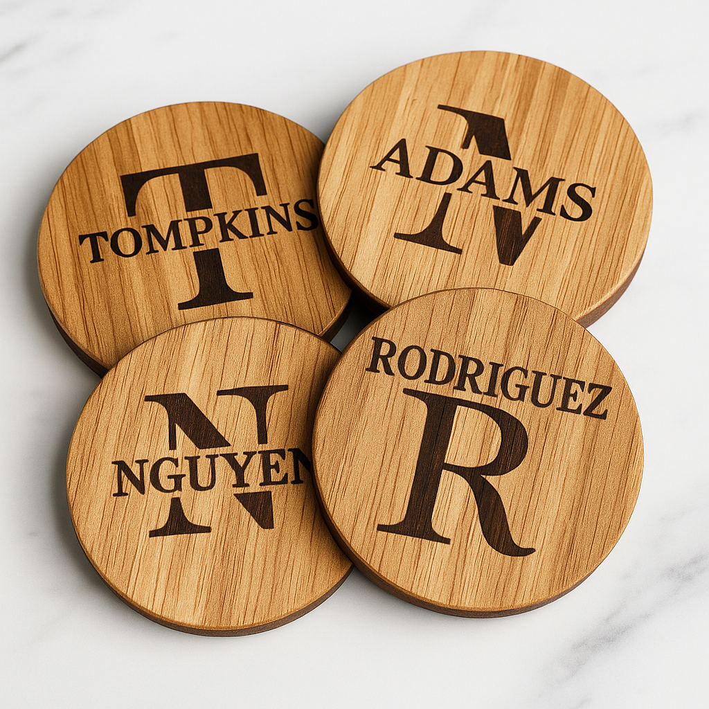 Four wooden coasters with engraved names on a white background
