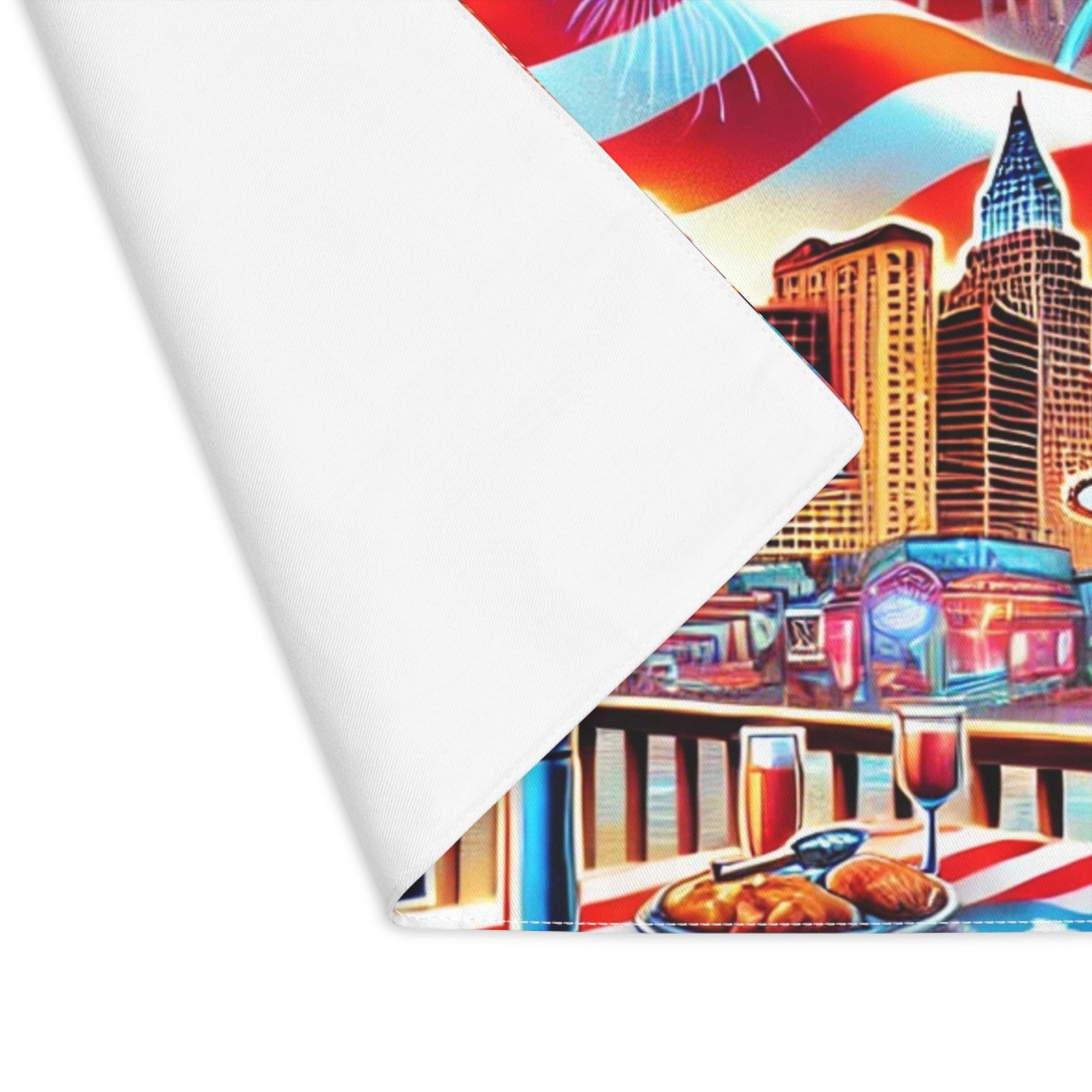 Close-up of a Las Vegas-themed placemat showing the soft white fabric backing and vibrant front design. The front features the Las Vegas skyline with colorful fireworks, the iconic Las Vegas sign, a large American flag, and a festive BBQ picnic scene with food and drinks. Perfect for patriotic celebrations and summer dining décor.