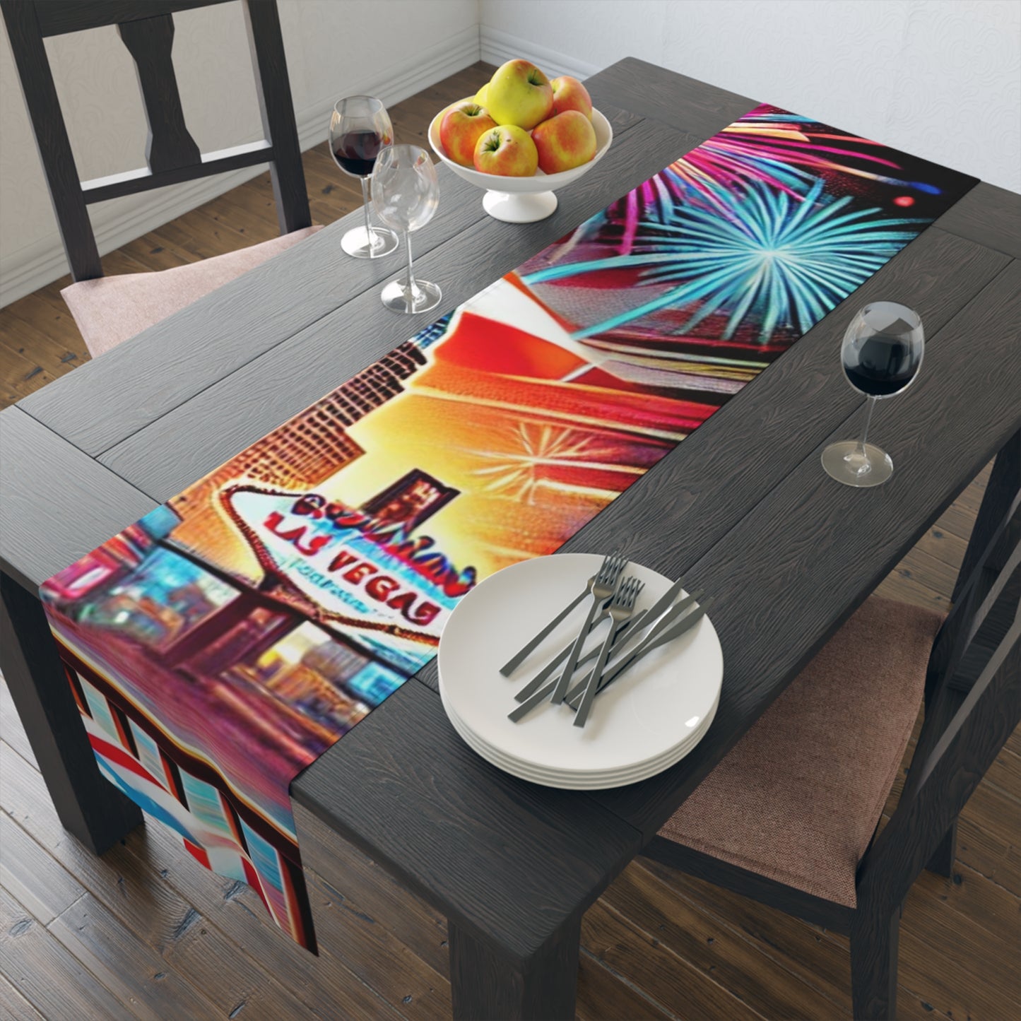 A Las Vegas-themed table runner displayed on a dark wood dining table, featuring the iconic "Welcome to Fabulous Las Vegas" sign, surrounded by vibrant fireworks and colorful neon city lights. Perfect for entertaining, themed parties, or adding a bold Vegas touch to your dining décor.