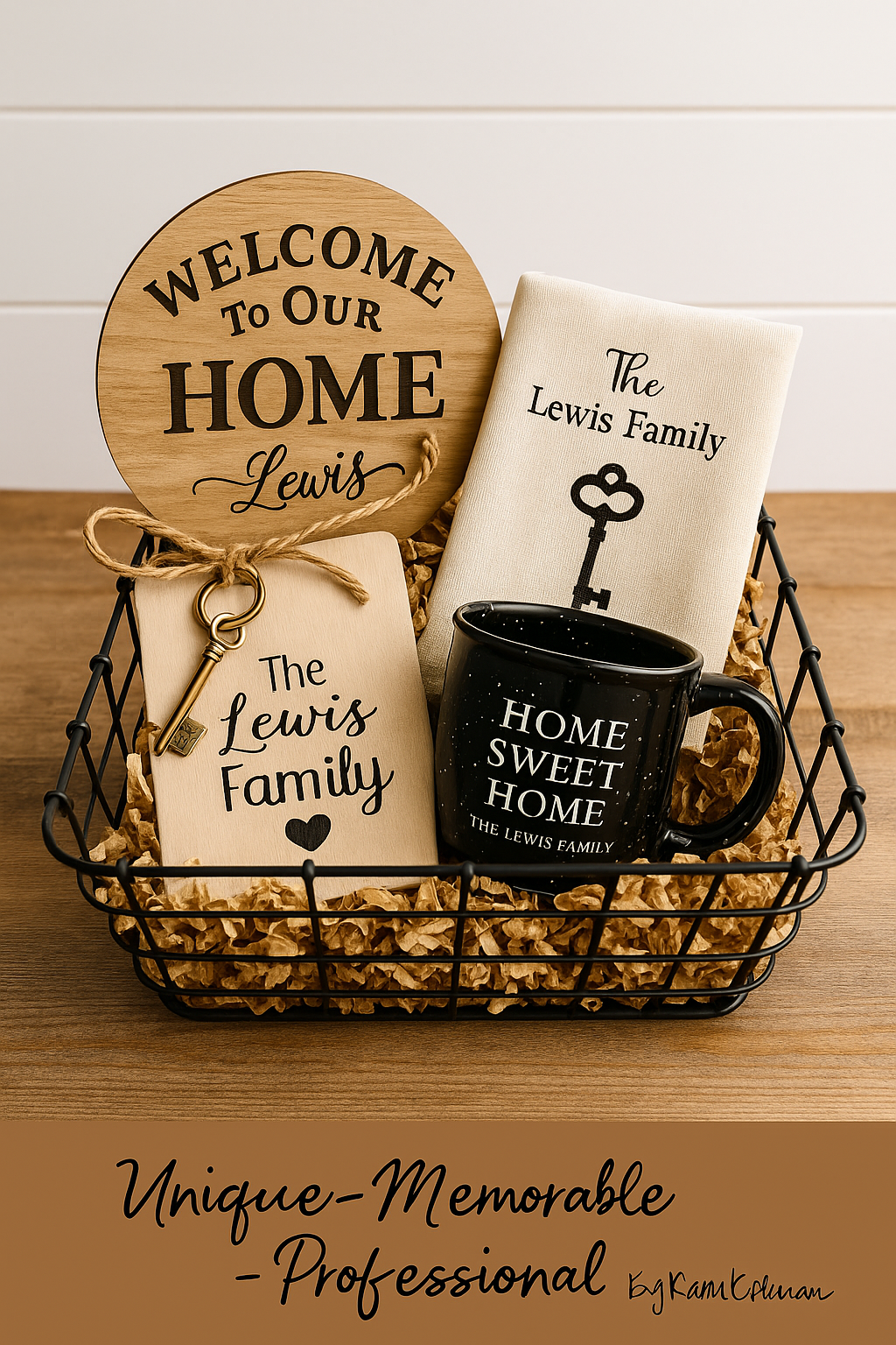 Gift basket with 'Welcome to Our Home' sign, mug, and decorative items on a wooden surface.