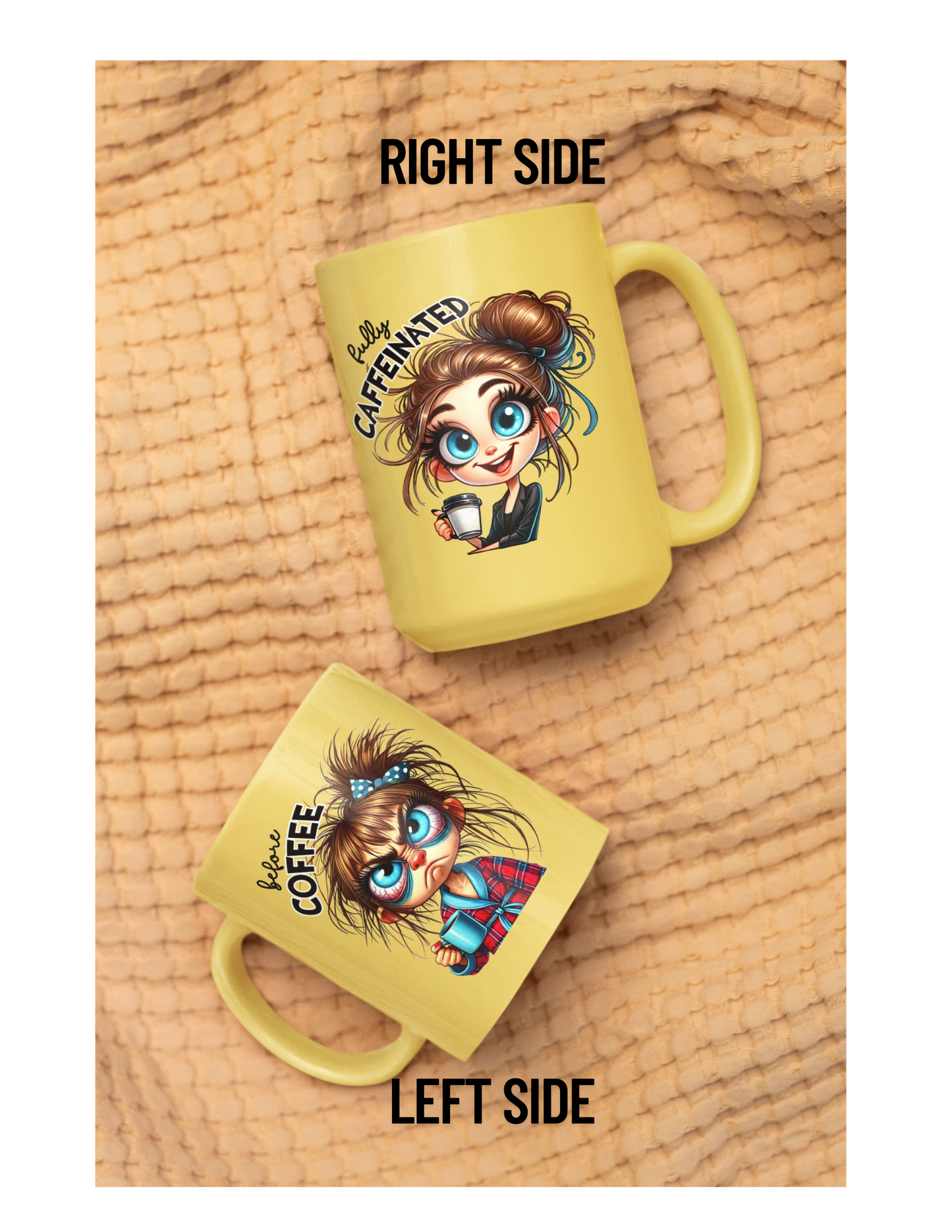 Two-sided metallic gold ceramic coffee mug displayed on a textured blanket, featuring cartoon girl designs with "Before Coffee" on the left side and "Fully Caffeinated" on the right side – a humorous and relatable gift for coffee lovers.