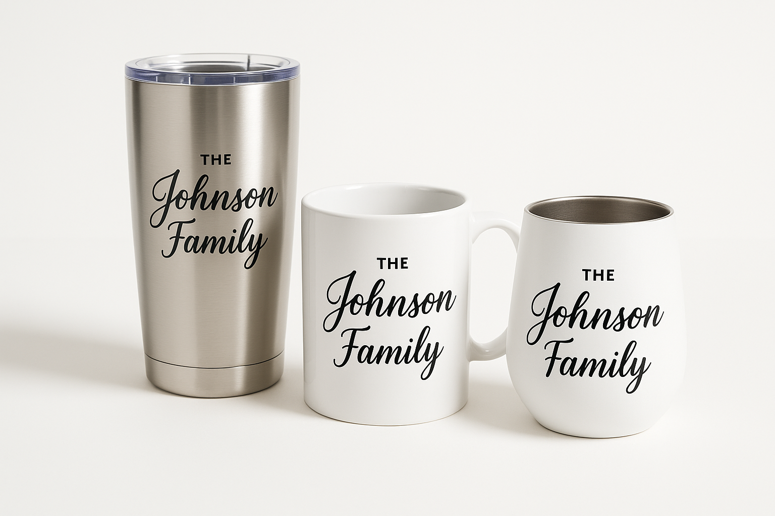Three mugs with 'The Johnson Family' text on a white background