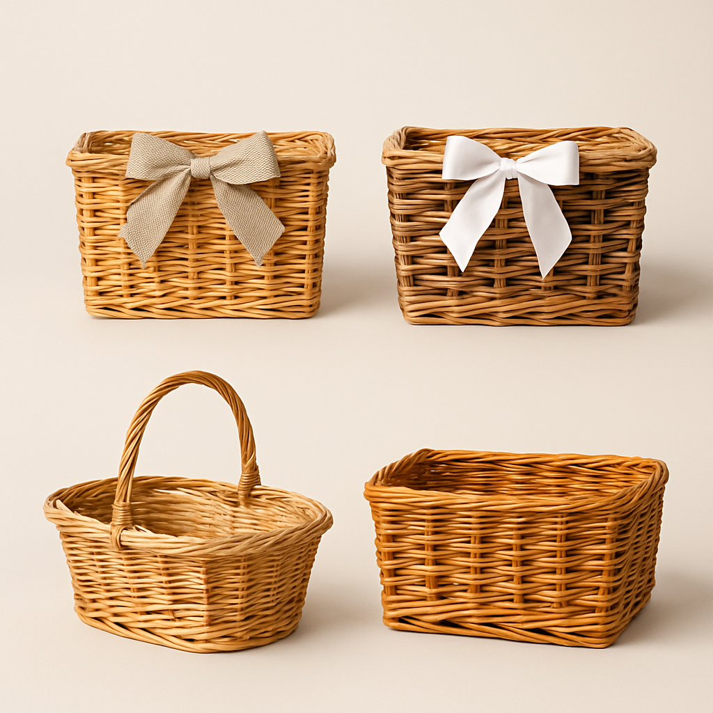 Set of wicker baskets with ribbons on a beige background