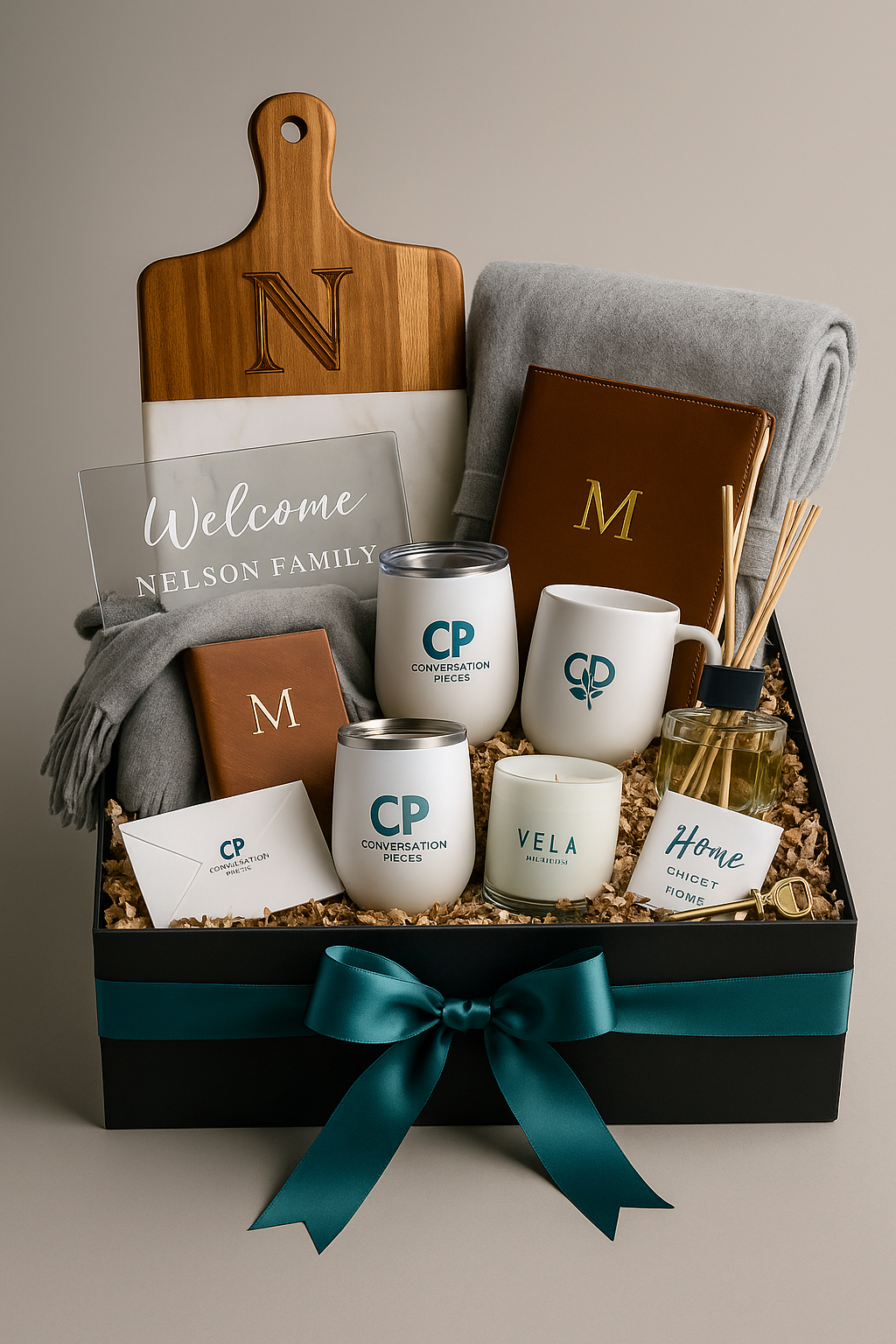 Gift basket with branded items including mugs, a cutting board, and a blanket.