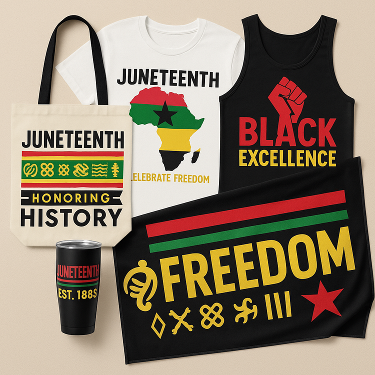 Juneteenth-themed T-shirt, tank top, tote bag, tumbler, and towel with bold red, yellow, green, and black designs celebrating freedom and Black history.