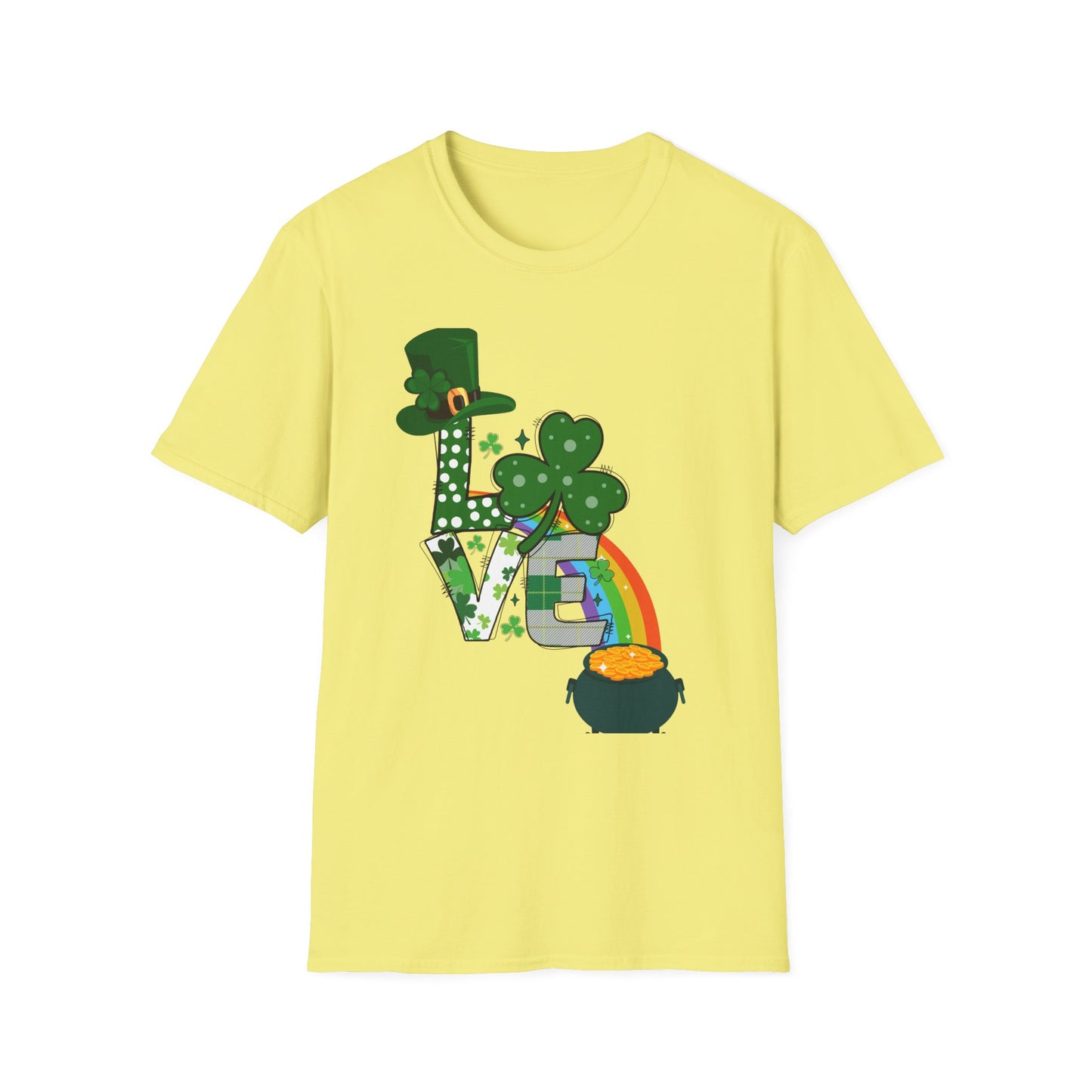 Festive St. Patrick’s Day LOVE T-Shirt – Lucky Shamrock & Pot of Gold Design 🍀🌈