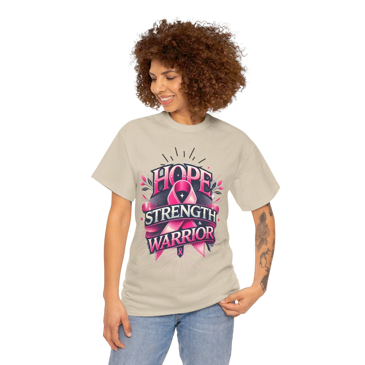 Hope, Strength, Warrior, Breast Cancer Awareness Cotton Tee