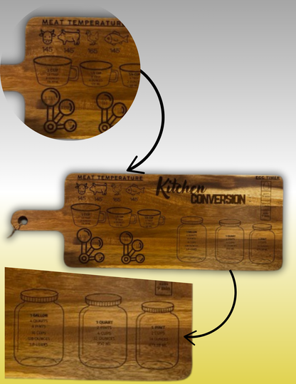 Rustic Wooden Kitchen Conversion Cutting Board – Engraved Measurement Chart for Cooking & Baking | Personalized Gift for Chefs & Home Cooks!