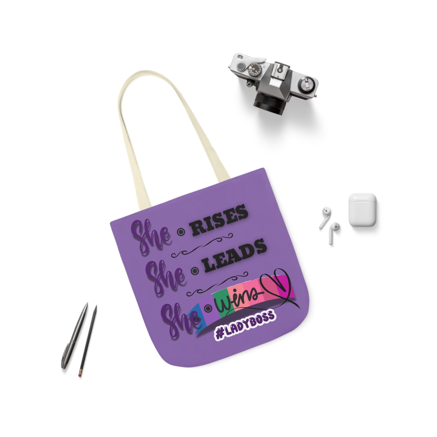 Empowering Canvas Tote Bag - She Rises, Leads, Wins #LadyBoss