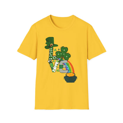 Festive St. Patrick’s Day LOVE T-Shirt – Lucky Shamrock & Pot of Gold Design 🍀🌈