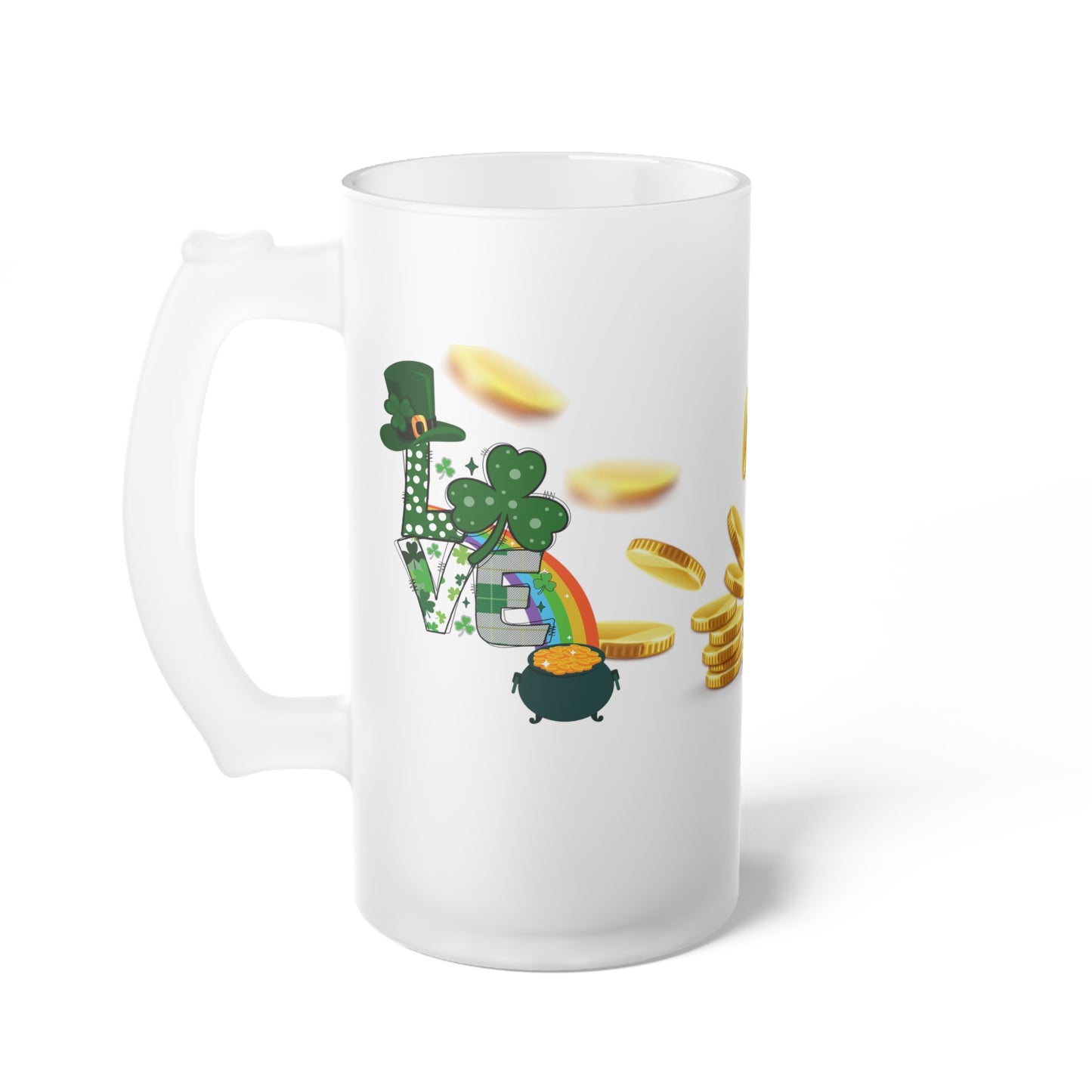 St. Patrick’s Day Beer Mug – Lucky Shamrock & Pot of Gold Design