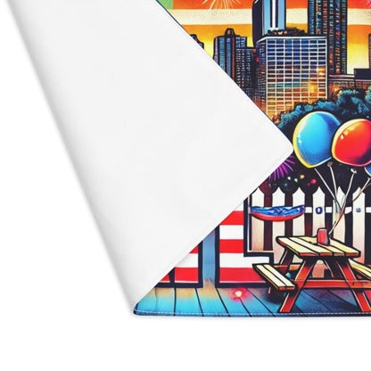 Close-up of an Atlanta-themed placemat showing the soft white fabric backing and colorful front design. The visible section features the Atlanta skyline, balloons, picnic tables, and a patriotic red, white, and blue color scheme with fireworks and bold "ATL" lettering. Ideal for summer BBQs, 4th of July celebrations, and Atlanta-themed gatherings.