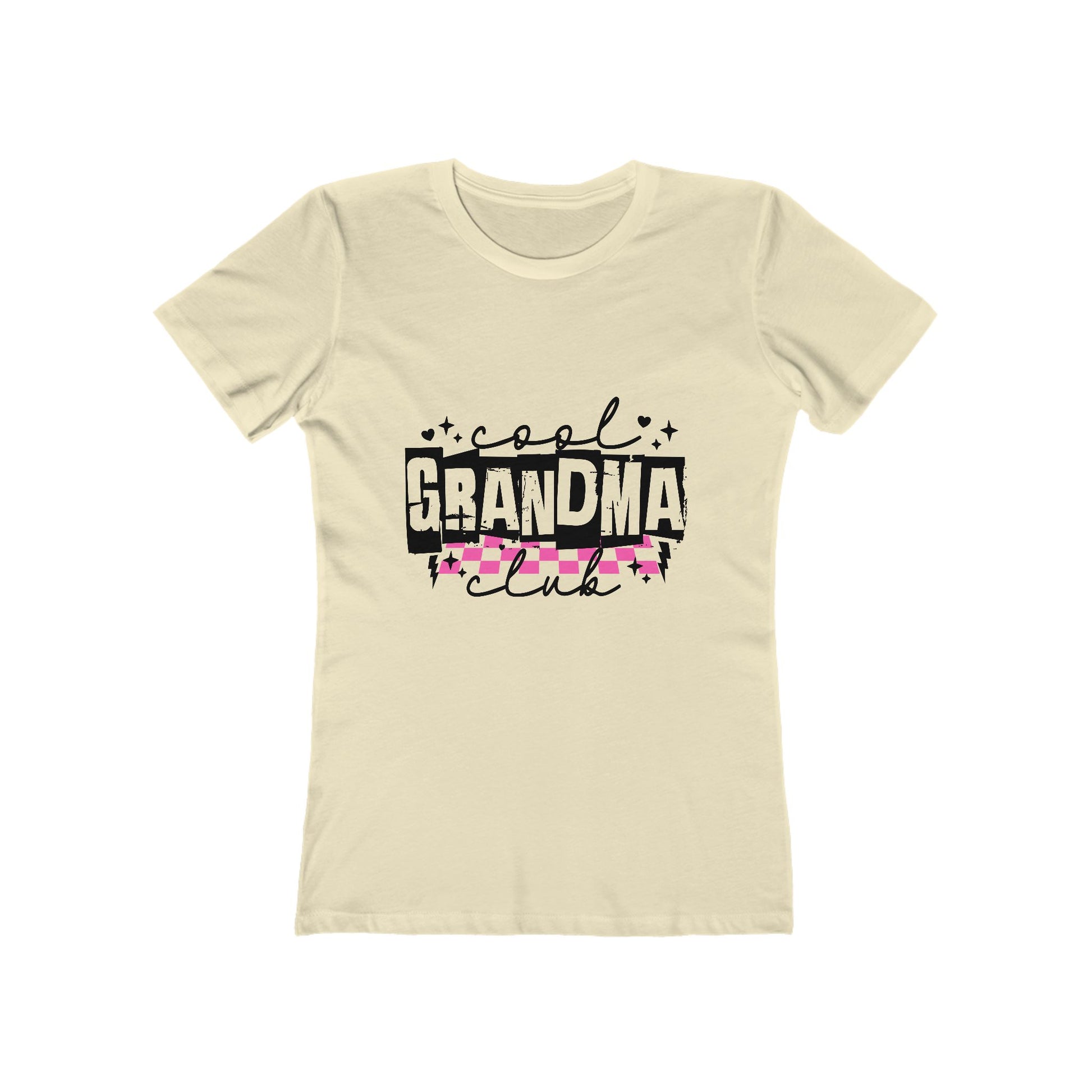 Beige women’s fitted T-shirt featuring a bold “Cool Grandma Club” design with black distressed lettering, pink and white checkered stripe, and sparkles. A trendy and fun gift idea for modern grandmothers, perfect for birthdays, Mother’s Day, or casual everyday wear.