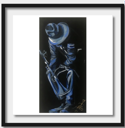 Framed acrylic painting titled 'Blue Reflections' by KMarie, featuring a jazz musician in shades of blue and black, holding a trumpet in a contemplative pose. Encased in a sleek black frame with a white matte, the artwork captures the soulful essence of jazz