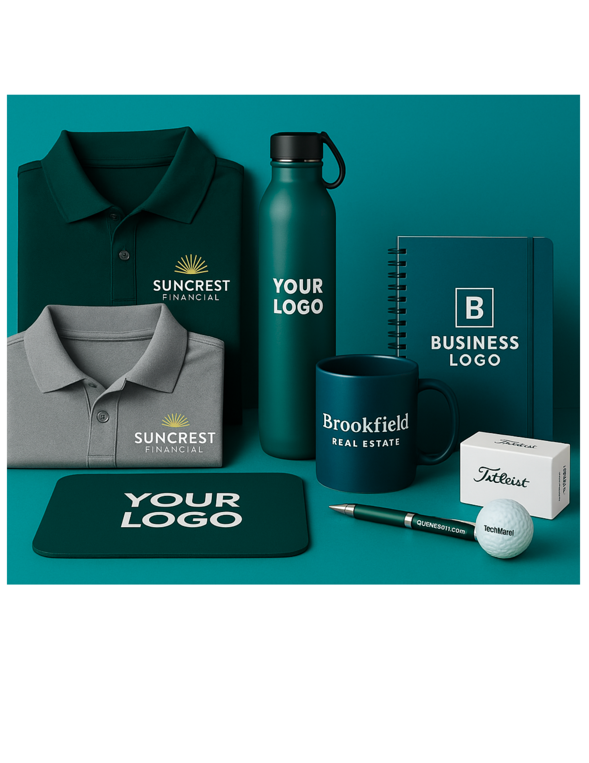 Open display of a custom corporate swag kit featuring two embroidered polo shirts, an insulated water bottle, branded notebook, ceramic mug, custom mouse pad, golf ball, and pen, all showcasing company logos on a teal background.
