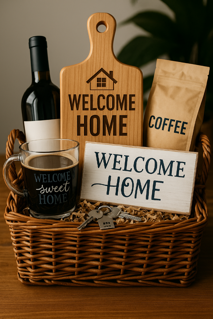 Gift basket with 'Welcome Home' sign, coffee, wine, and keys on a wooden surface.
