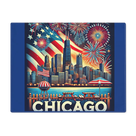 A Chicago-themed placemat featuring the city skyline with the Willis Tower, a large American flag waving overhead, and colorful fireworks lighting up the sky. The design also showcases picnic tables, a BBQ grill, and a lakefront scene with "CHICAGO" in bold letters at the bottom. The placemat has a solid royal blue border with detailed stitching, perfect for patriotic holidays and Chicago-themed gatherings.