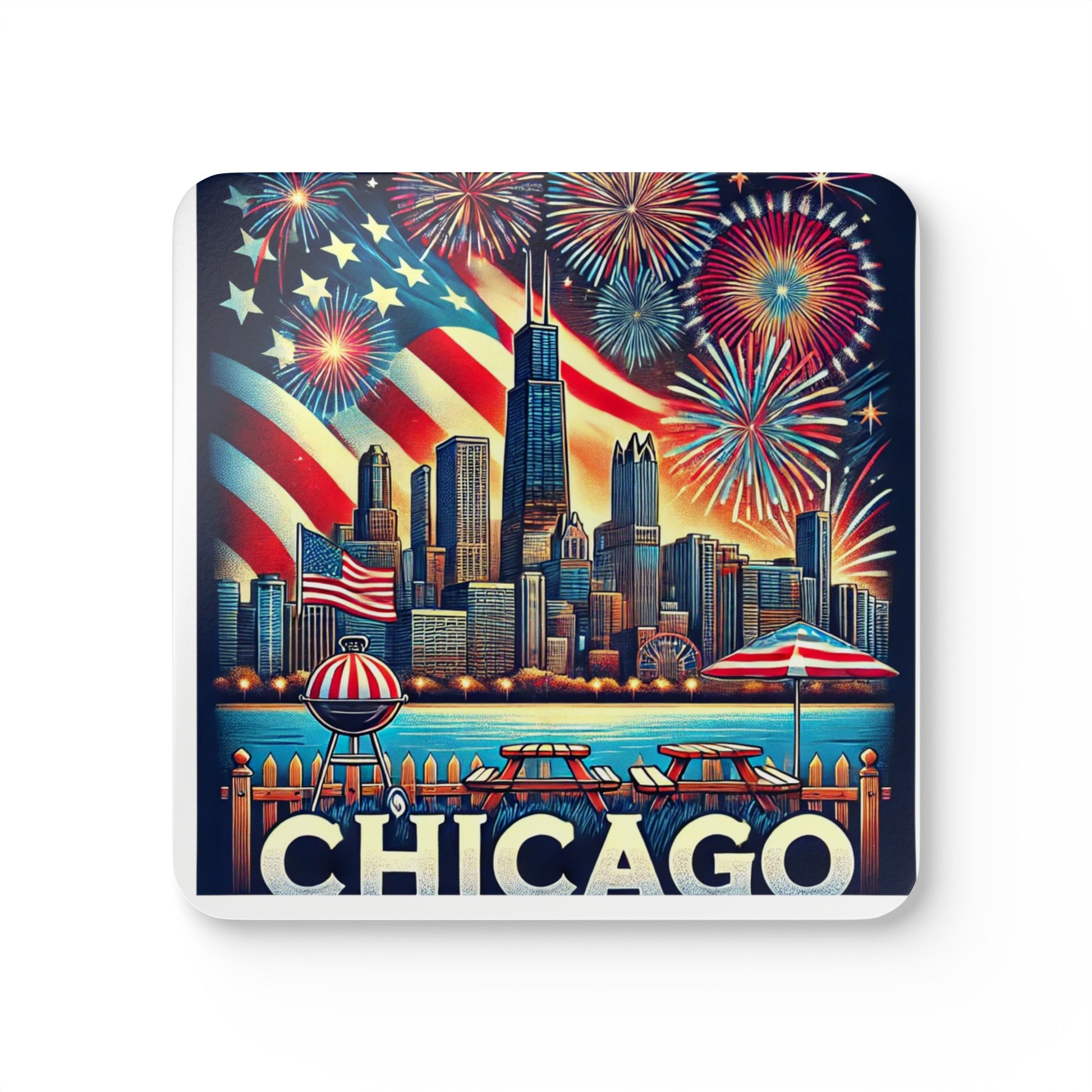 A Chicago-themed coaster featuring the city skyline with the Willis Tower, a bold American flag waving overhead, and colorful fireworks lighting up the sky. The design includes picnic tables, a BBQ grill, and a lakeside fence with "CHICAGO" in bold lettering at the bottom. Perfect for patriotic celebrations, Chicago-themed events, or everyday table decor.