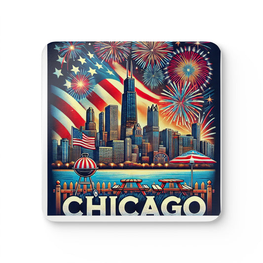 A Chicago-themed coaster featuring the city skyline with the Willis Tower, a bold American flag waving overhead, and colorful fireworks lighting up the sky. The design includes picnic tables, a BBQ grill, and a lakeside fence with "CHICAGO" in bold lettering at the bottom. Perfect for patriotic celebrations, Chicago-themed events, or everyday table decor.