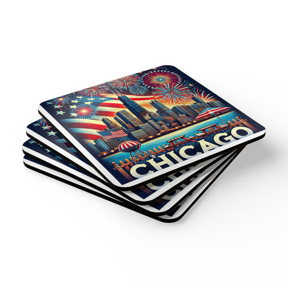 A stacked set of four Chicago-themed coasters featuring a vibrant city skyline with the Willis Tower, a waving American flag, colorful fireworks, and festive lakefront elements like picnic tables and a BBQ grill. The coasters have a glossy finish with rounded edges and bold "CHICAGO" lettering, perfect for patriotic parties, summer BBQs, or Chicago city pride décor.