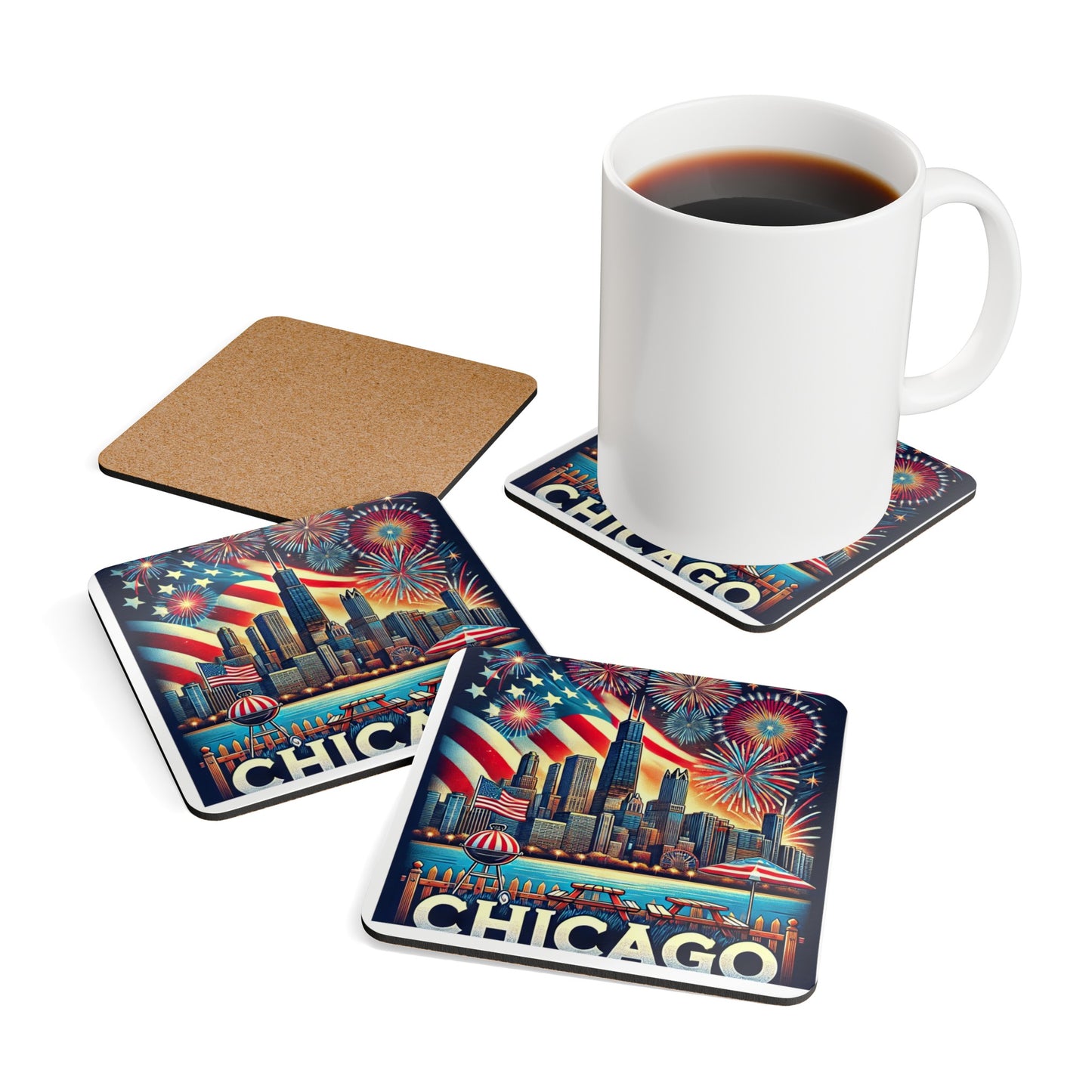 A set of four Chicago-themed coasters featuring the city skyline with the Willis Tower, vibrant fireworks, a waving American flag, and lakefront BBQ picnic details. Displayed with a white coffee mug, one coaster shows its natural cork backing for durability and slip resistance. Ideal for protecting surfaces during patriotic holidays, Chicago celebrations, or everyday entertaining.