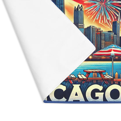 Close-up of a Chicago-themed placemat showing the soft white fabric backing and vibrant front design. The colorful front features the iconic Chicago skyline, the Willis Tower, fireworks, a waving American flag, picnic tables, and a lakeside scene with bold “CHICAGO” lettering. Perfect for patriotic holidays, summer BBQs, and Chicago-themed gatherings.