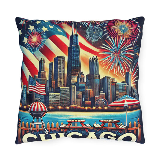 A vibrant Chicago-themed throw pillow featuring the iconic city skyline with the Willis Tower, an American flag backdrop, colorful fireworks, and festive lakefront picnic elements. The design includes picnic tables, a BBQ grill with a striped lid, and a red-and-white umbrella, creating a perfect scene for patriotic holidays and Chicago celebrations.