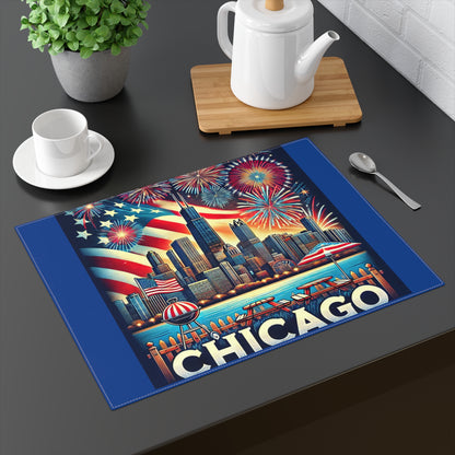 A colorful Chicago-themed placemat displayed on a modern dining table with a teapot, spoon, and coffee cup. The design features the iconic Chicago skyline with the Willis Tower, an American flag waving in the background, and vibrant fireworks filling the sky. The foreground includes picnic tables, a BBQ grill, and lakefront scenery with bold "CHICAGO" lettering at the bottom, perfect for patriotic gatherings and summer dining décor.