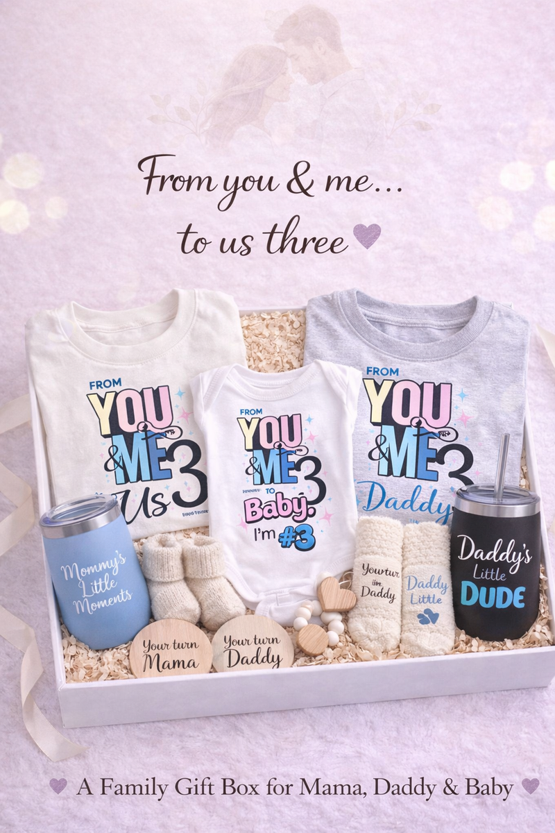 Family gift box with personalized t-shirts and tumblers for Mama, Daddy, and Baby on a light purple background.