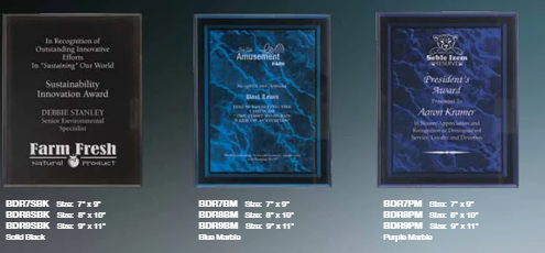 Three elegant marble plaques in solid black, blue, and purple marble styles, showcasing custom engraved awards for sustainability, service excellence, and leadership, available in multiple sizes.