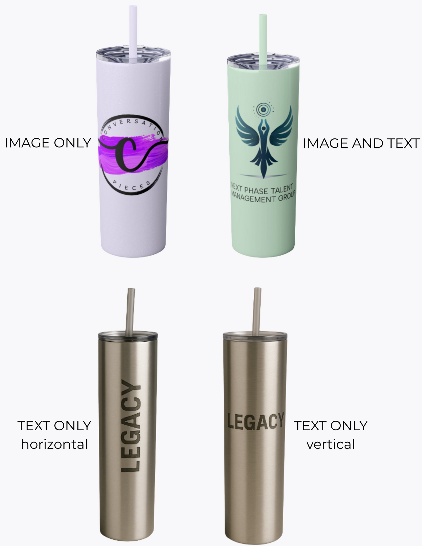 Four tumblers with different designs and text on a white background