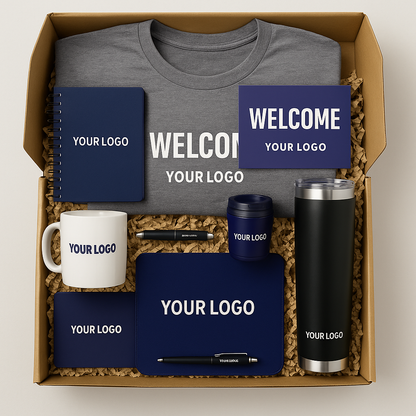 Promotional product set with branded items including a t-shirt, mug, notebook, and more, all in a box.
