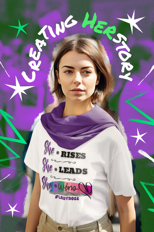  confident young woman wearing a white t-shirt with the empowering quote "She Rises. She Leads. She Wins. #LadyBoss" in bold typography. She has a purple sweatshirt draped over her shoulders and stands against a vibrant background with green and purple starbursts, lightning bolts, and the phrase "Creating Herstory" written in bold, dynamic lettering. The image exudes strength, leadership, and empowerment, celebrating women’s success and resilience.