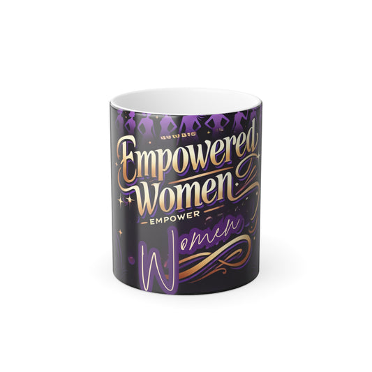 A beautifully designed Empowered Women Empower Women coffee mug featuring an elegant gold and purple script on a sleek black background. The design includes stylish typography with decorative flourishes, symbolizing strength, resilience, and empowerment for women. This high-quality ceramic mug is perfect for motivational mornings, feminist gifts, and women who inspire change. Ideal for coffee, tea, or daily affirmation rituals.