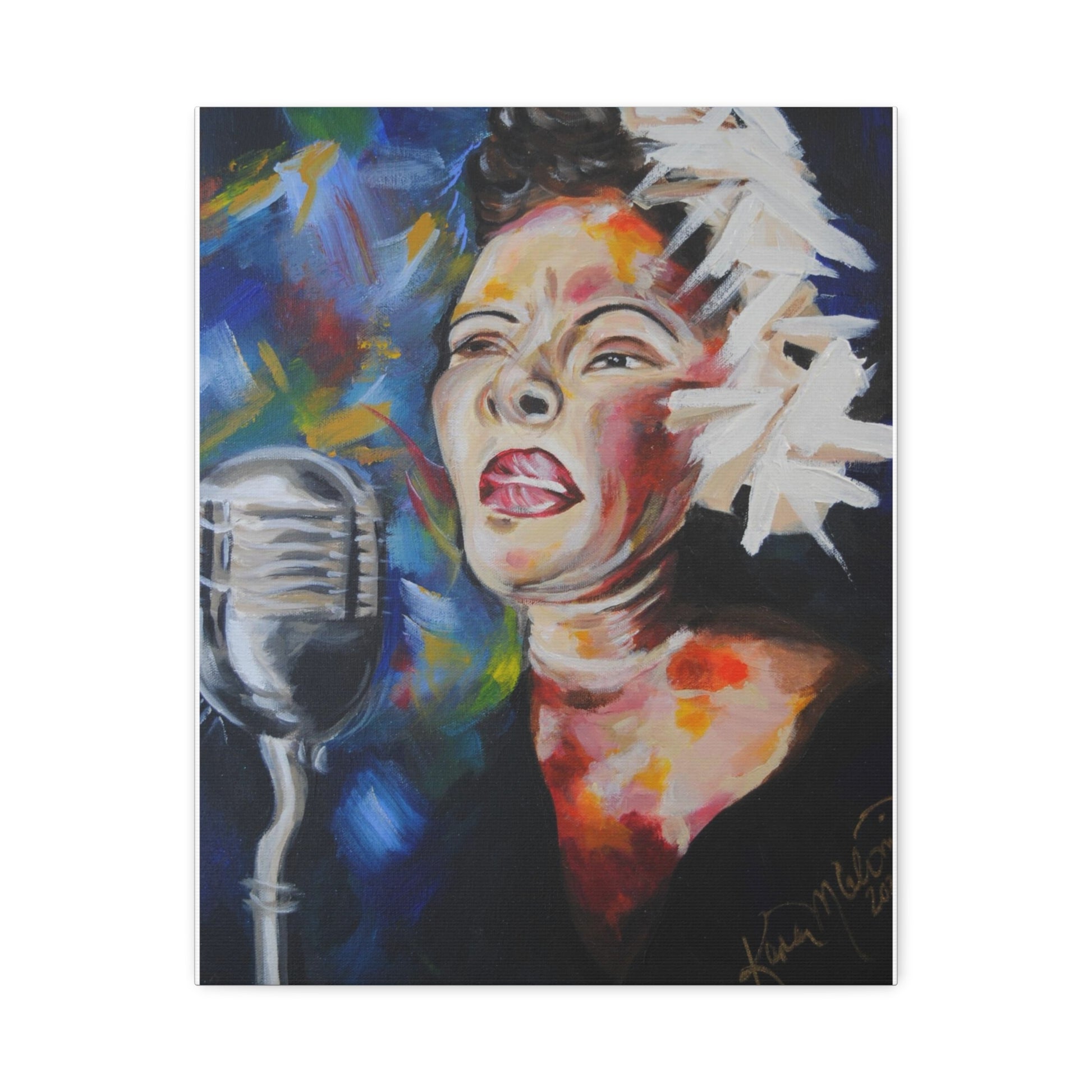 Portrait painting of jazz legend Billie Holiday by KMarie, featuring her expressive face, iconic flower-adorned hairstyle, and a vintage microphone against a vibrant, multicolored abstract background, capturing the energy and emotion of her musical legacy