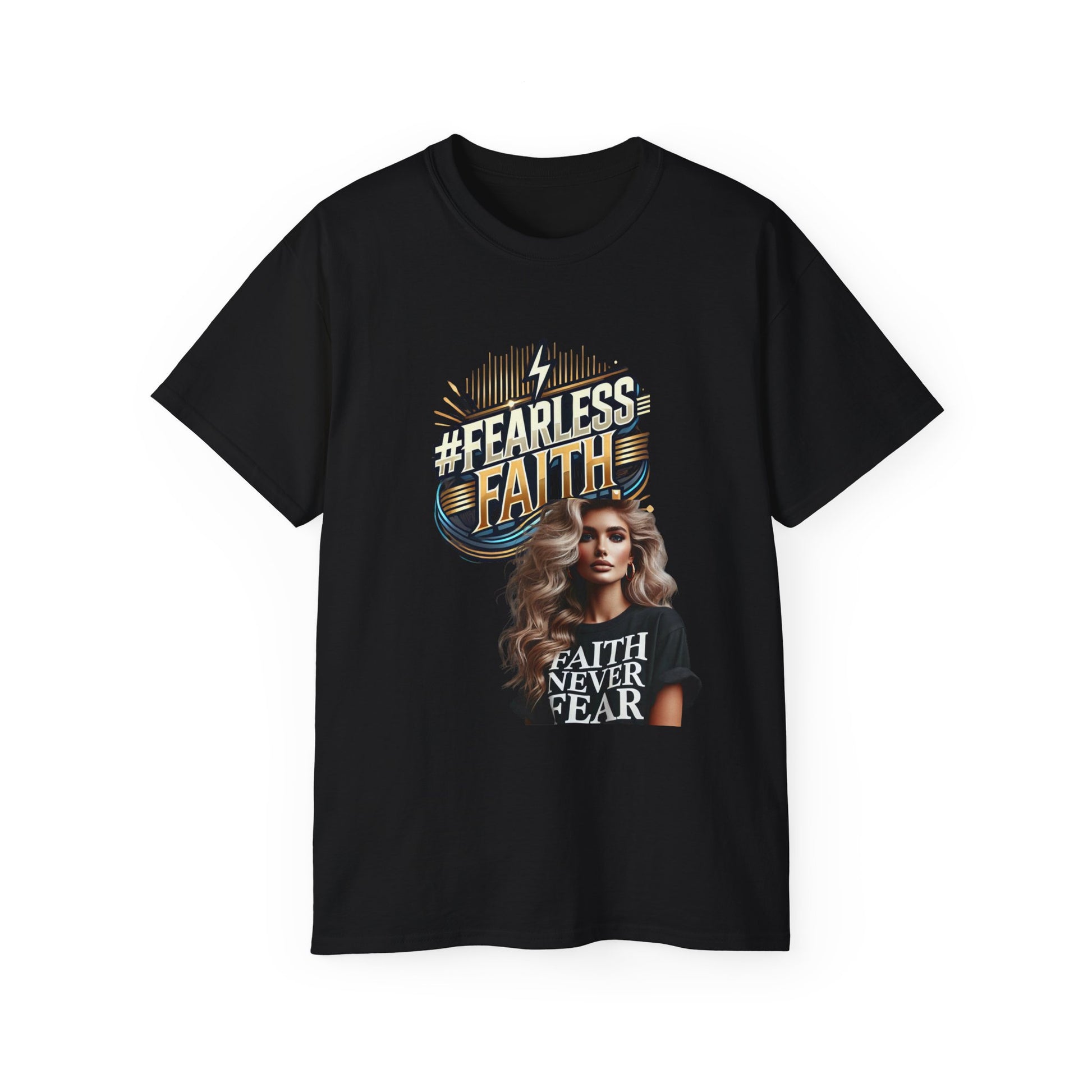 A black short-sleeve T-shirt featuring a bold #FearlessFaith design with gold and blue typography. The graphic includes a lightning bolt symbolizing strength, along with an image of a confident woman wearing a matching “Faith Never Fear” T-shirt. The empowering design promotes faith, courage, and resilience, making it a stylish and inspirational piece for those who walk by faith.
