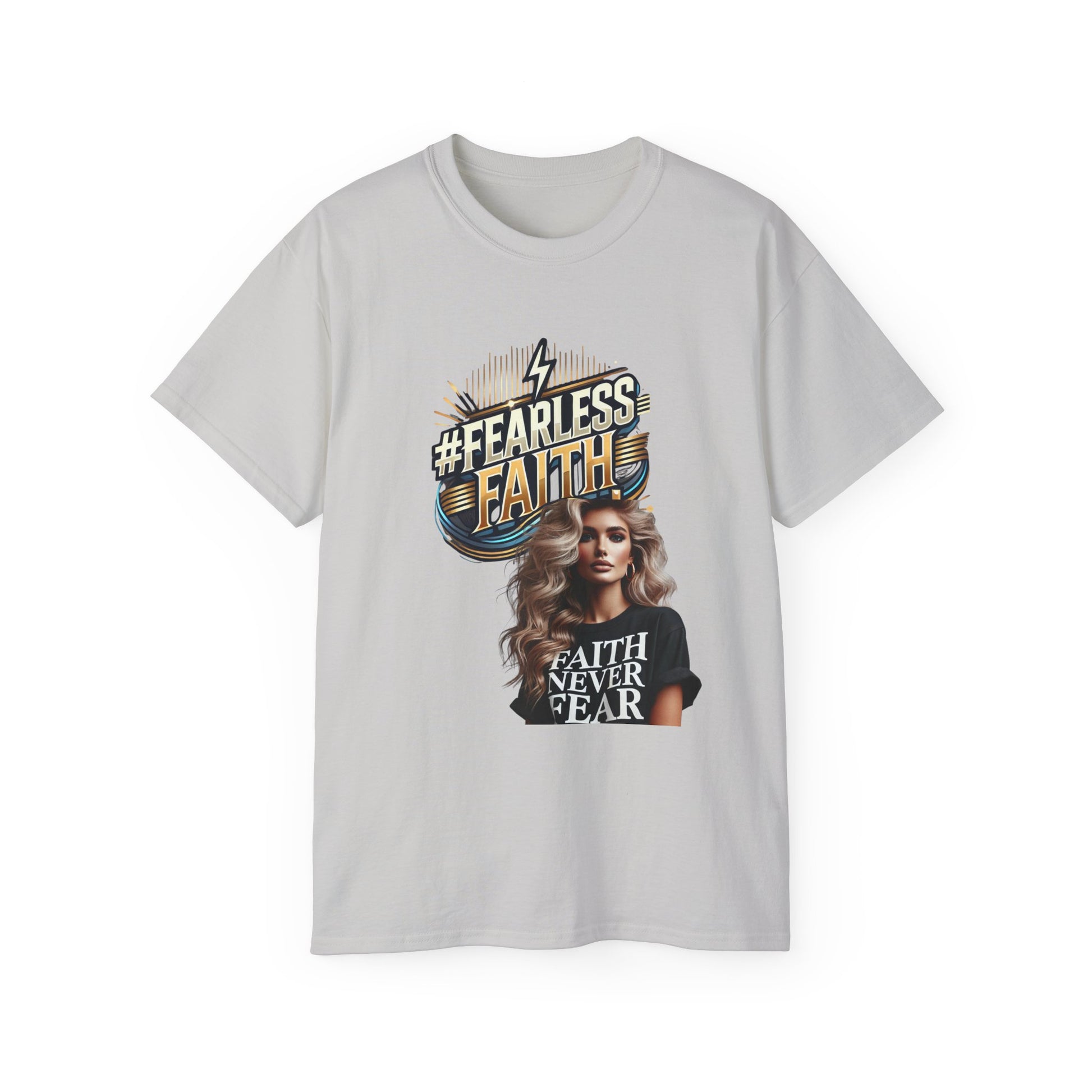 A light gray short-sleeve T-shirt featuring a bold #FearlessFaith design with gold and blue typography. The graphic includes a lightning bolt symbolizing strength, along with an image of a confident woman wearing a matching “Faith Never Fear” T-shirt. The empowering design promotes faith, courage, and resilience, making it a stylish and inspirational piece for those who walk by faith.