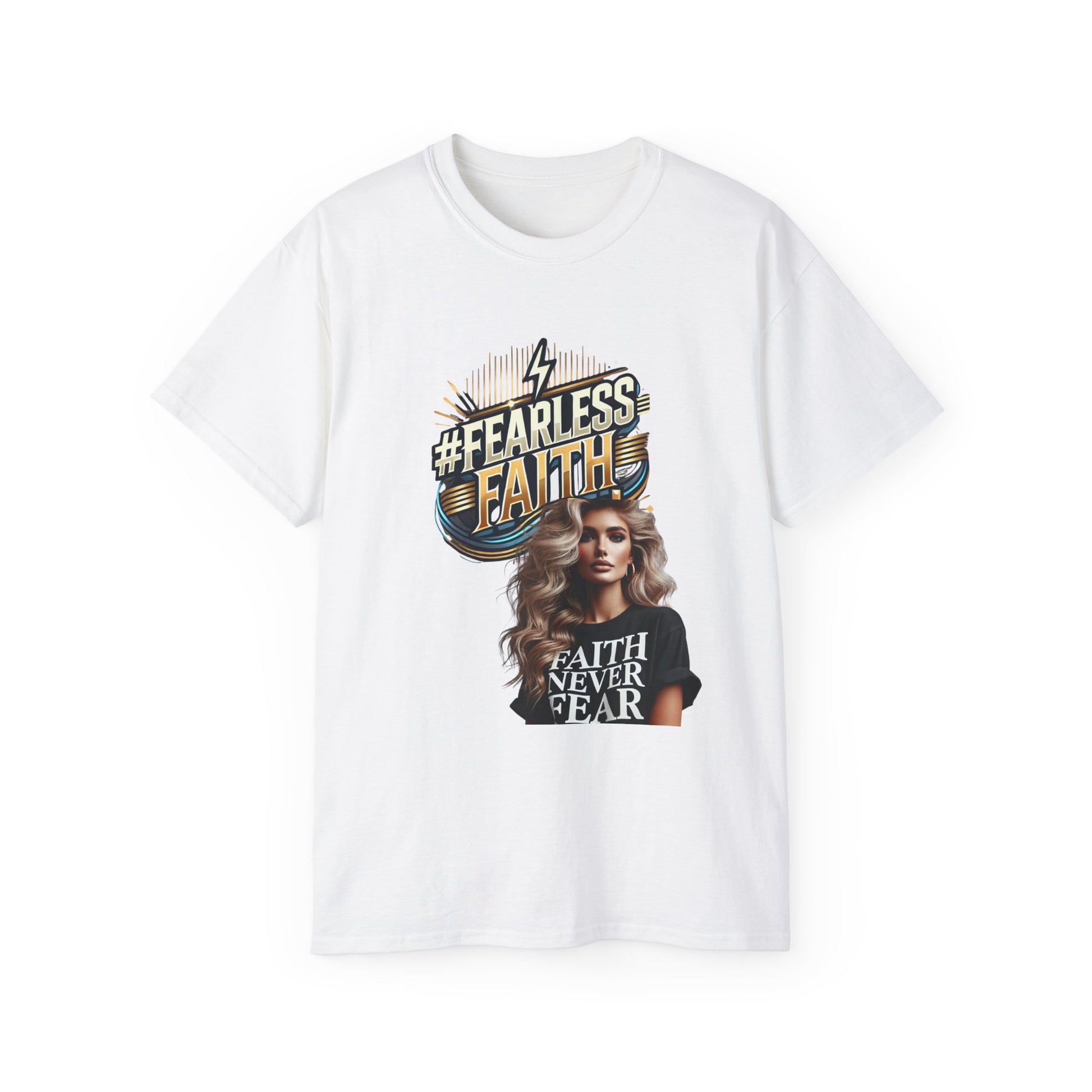 A white short-sleeve T-shirt featuring a bold #FearlessFaith design with gold and blue typography. The graphic includes a lightning bolt symbolizing strength, along with an image of a confident woman wearing a matching “Faith Never Fear” T-shirt. The empowering design promotes faith, courage, and resilience, making it a stylish and inspirational piece for those who walk by faith.