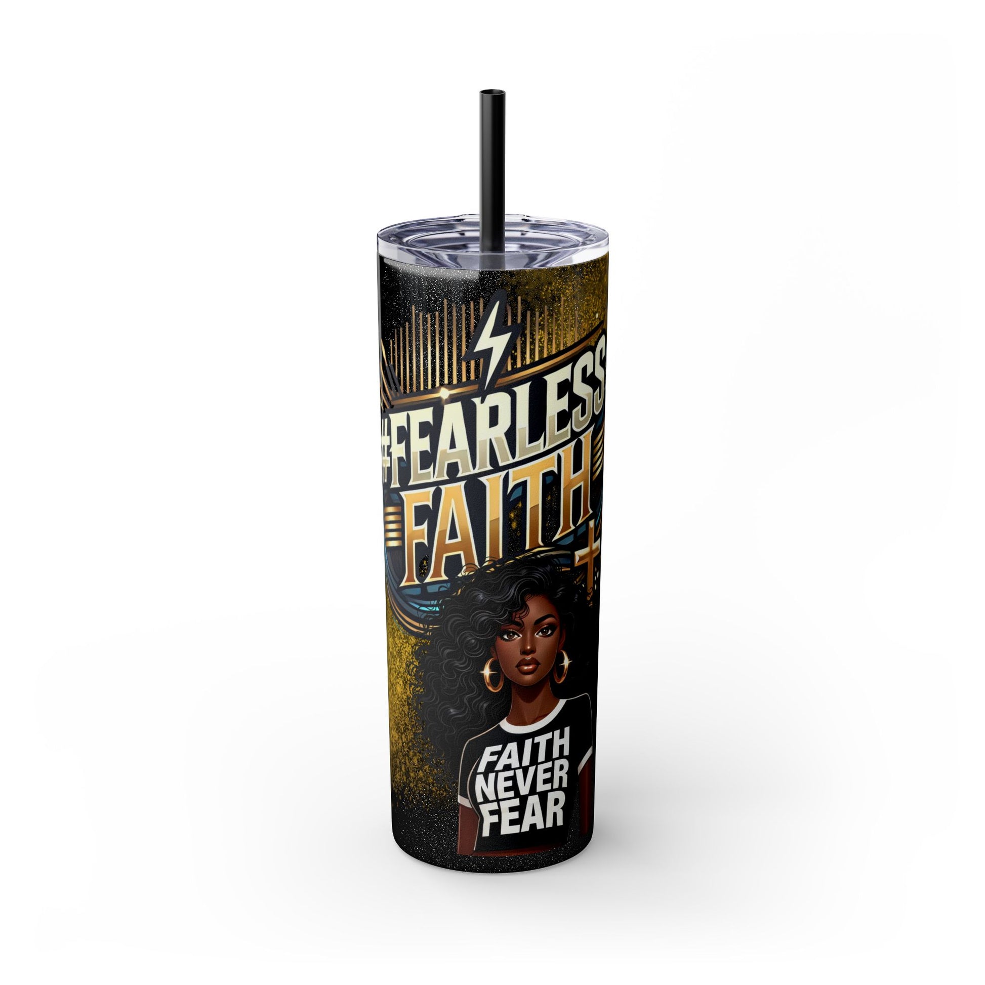  A sleek and stylish 20oz stainless steel tumbler with a bold black and gold design. The tumbler features the empowering phrase #FearlessFaith in striking gold and white typography, highlighted by a lightning bolt and cross. Below, an illustrated Black woman with voluminous curls wears a Faith Never Fear t-shirt, radiating confidence and strength. Designed with double-wall insulation, a spill-resistant lid, and a matching black reusable straw, this tumbler keeps drinks hot or cold for hours. Perfect for dai