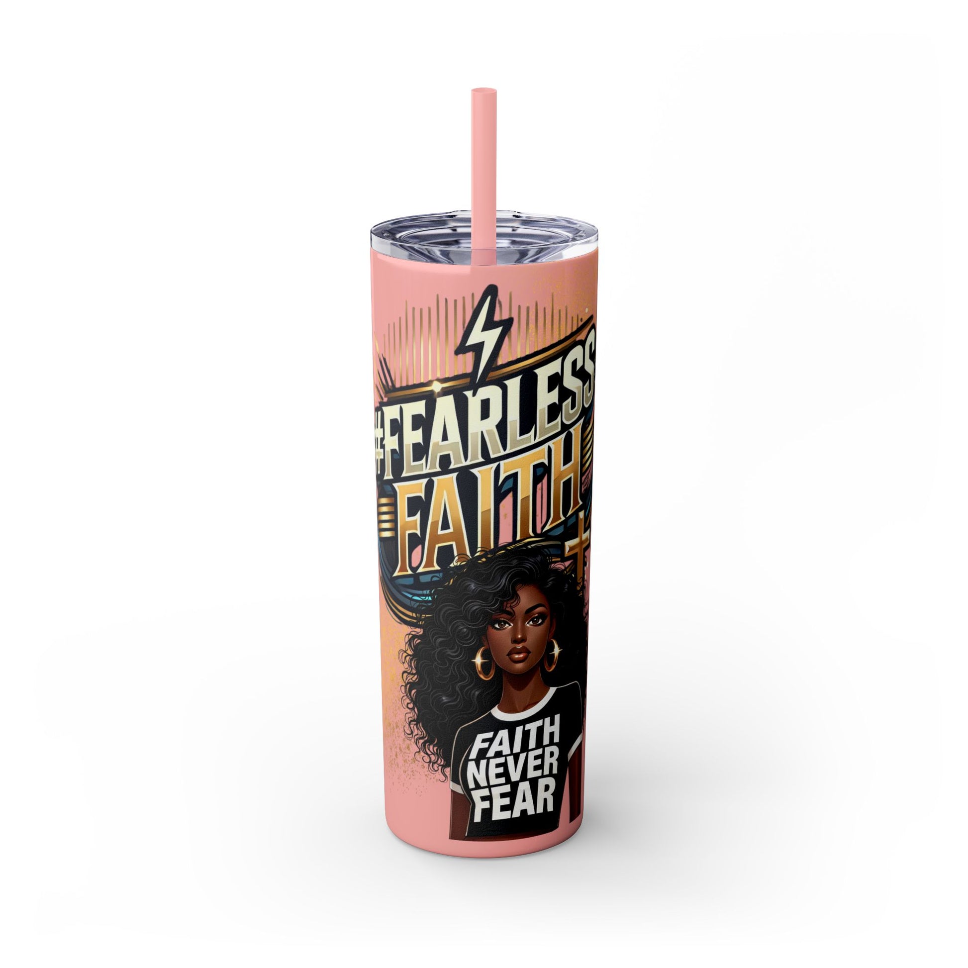 A stylish 20oz stainless steel tumbler in a soft pink color, featuring a bold and empowering design. The tumbler displays the phrase #FearlessFaith in striking gold and white typography, highlighted by a lightning bolt and cross. Below, an illustrated Black woman with voluminous curls wears a Faith Never Fear t-shirt, exuding confidence and strength. Designed with double-wall insulation, a spill-resistant lid, and a matching reusable straw, this tumbler keeps drinks hot or cold for hours. Perfect for daily 