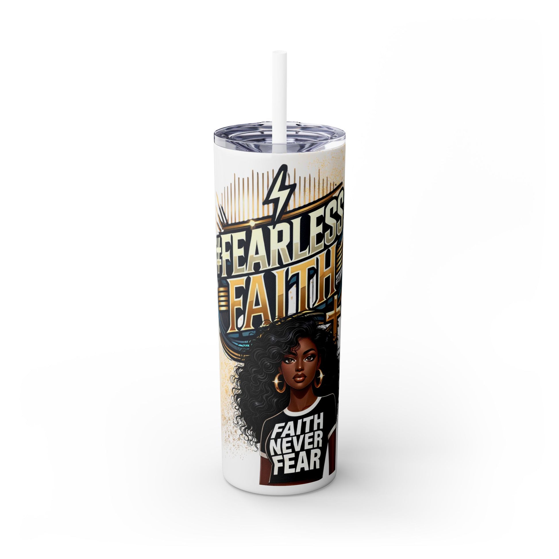 A sleek and stylish 20oz stainless steel tumbler featuring a bold and empowering design. The tumbler showcases the phrase #FearlessFaith in striking gold and white typography, accented with a lightning bolt and cross. Below, an illustrated Black woman with voluminous curls wears a Faith Never Fear t-shirt, exuding confidence and strength. The tumbler includes a spill-resistant lid and reusable straw, with a double-wall insulated design to keep drinks hot or cold for hours. Perfect for daily use, travel, wor